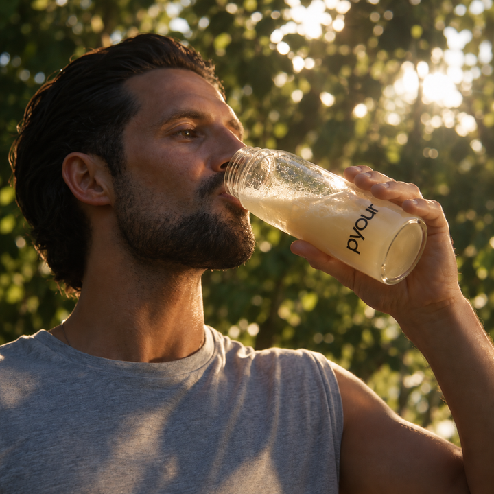 Enjoying a daily Pyour drink outdoors