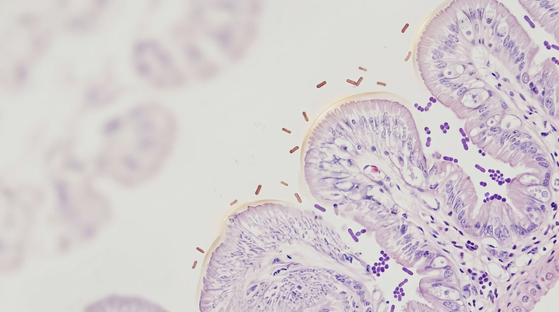 Illustration of intestinal villi with surrounding gut bacteria, showing the gut lining and microbiome.